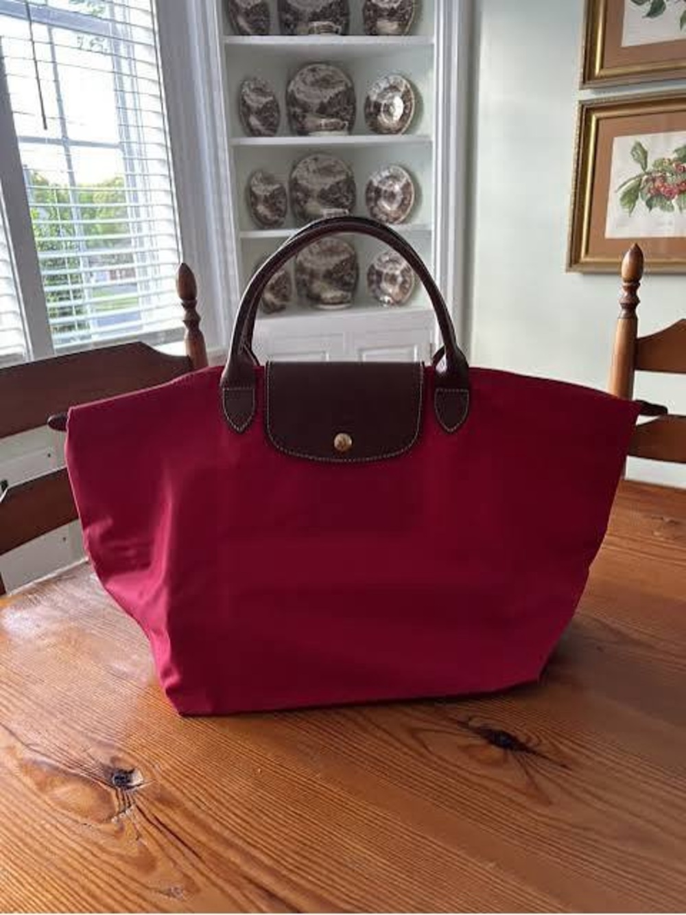 Longchamp Red Tote with Brown Leather Trim